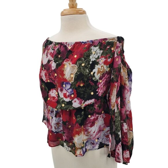 Express Womens Floral Bohemian Slit Sleeve Cold Shoulder Blouse M Elastic Waist - Picture 2 of 12